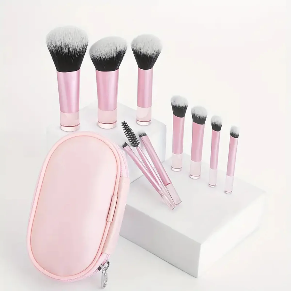 10pcs Portable Makeup Brush Set Travel Shorten Clear Handle Brush For Eyeshadow Blush Makeup Brushes Kit With Bag