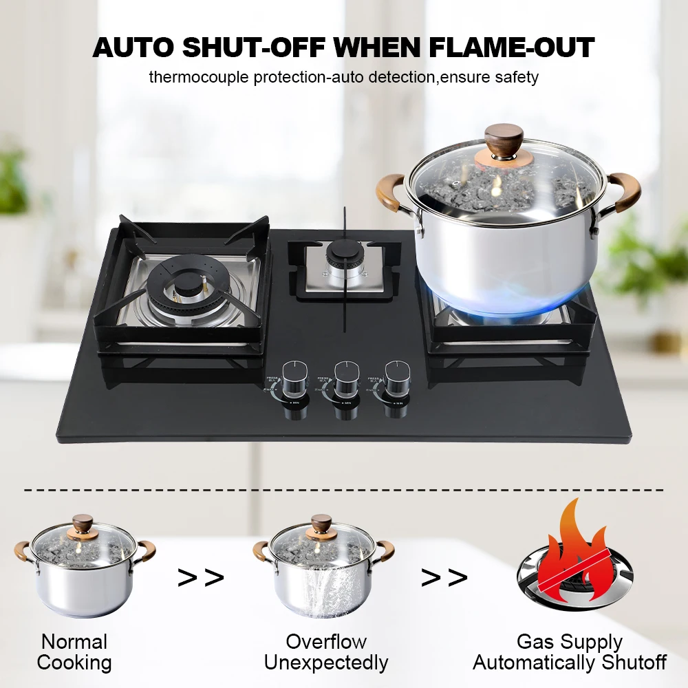 3 Burners Gas Stove Cooktop Glass Top Built-in Gas Burner Hob Propane Gas Cooktop