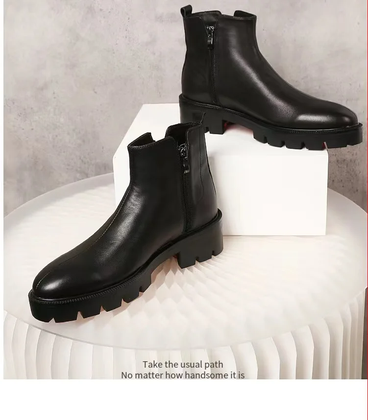 PDEP  hand made luxury black genuine leather men ankle boots with zipper non slip rubber sole red bottom men formal dress shoes
