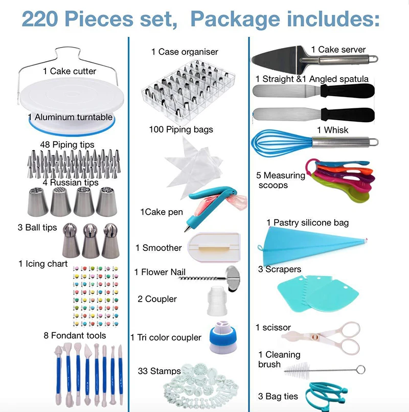 220 Pcs Decoration Nozzle Set Cake Tool  Decoration Kitchen DIY Icing Tube Cream  Reusable Set Baking Tool Set