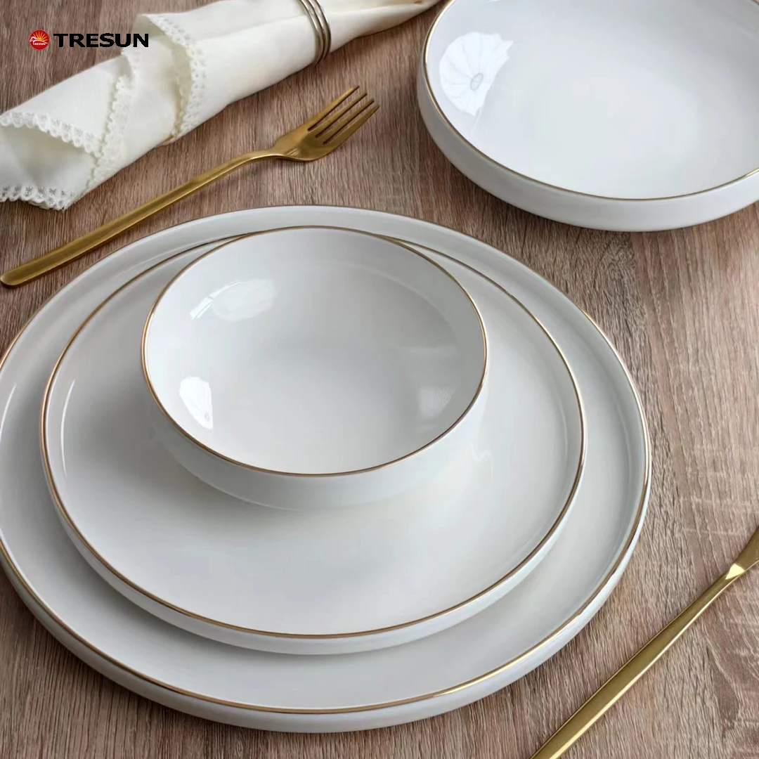 24 pcs service for 4 6 plates and bowls white gold rim new bone china dinnerware set