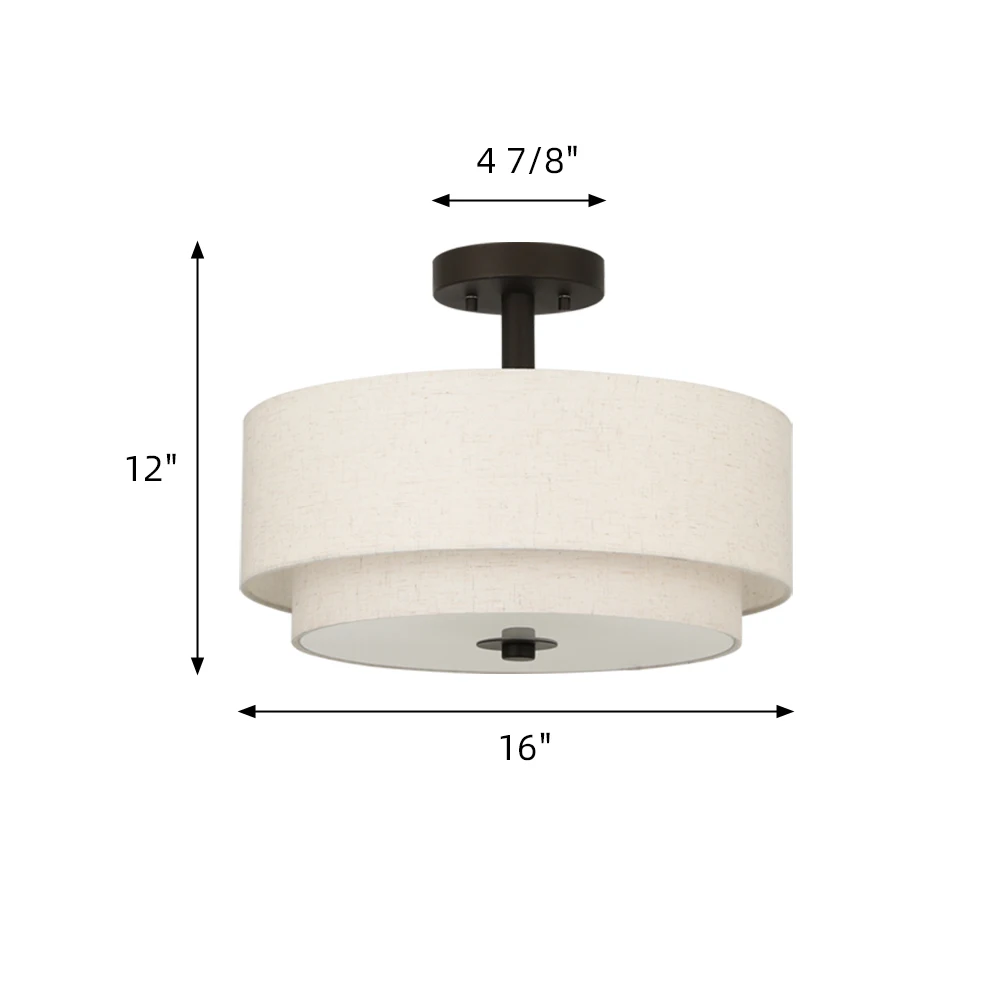 Modern 2 Tier Drum Fabric Lampshade Semi Flush Mount Ceiling Light Indoor Ceiling Lamp For Living Room