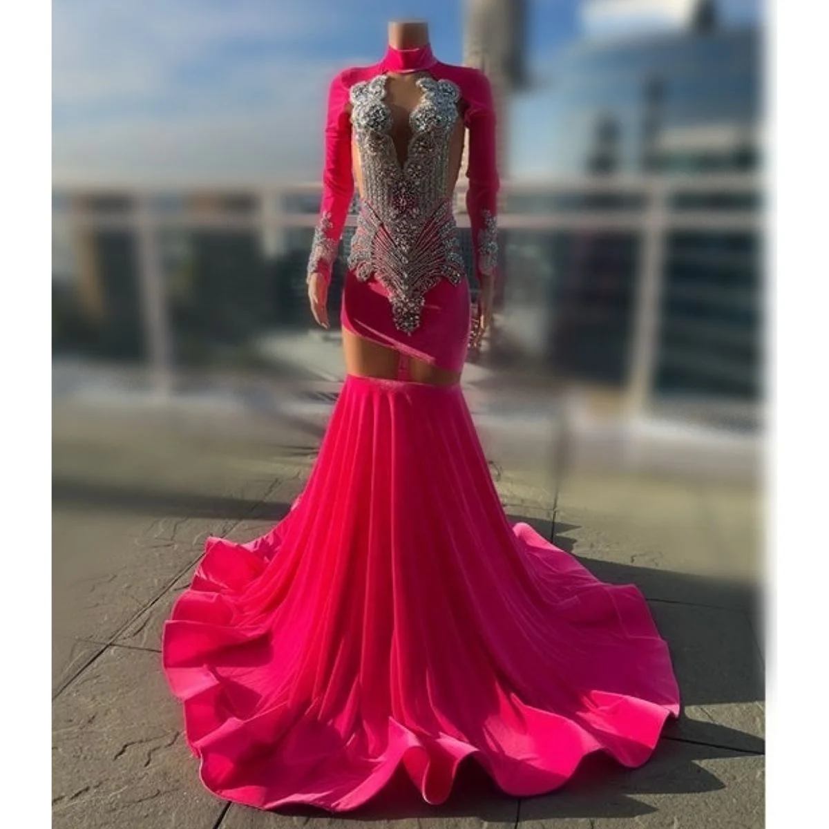 Ocstrade Mermaid Luxury Evening Sexy Ball Gown Long Sleeve Party Dress Bodycon Velvet Pink Sparkly Crystal Prom Dresses 2024
