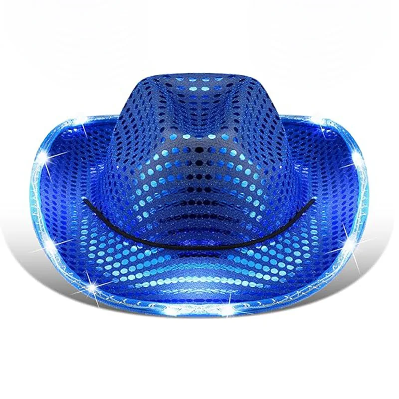 High Quality Bulk Light Up Glitter Western Party Concert Costume Unisex Cowboy Hats With LED Flashing Lights Adjustable Straps