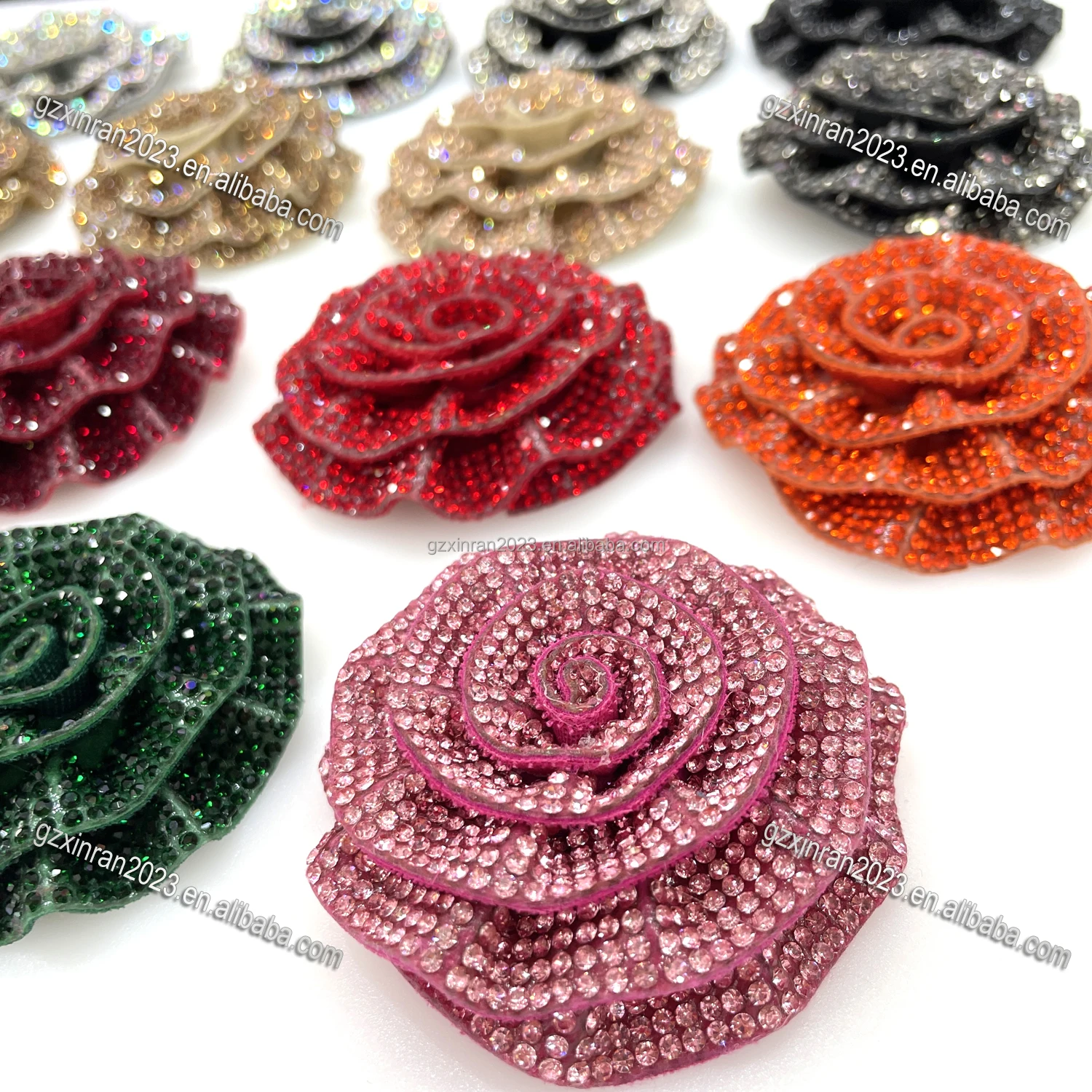 PH800 New design Rhinestone 3d Rose Flower Sew On Applique Crystal Floral Hotfix Patches For Clothing