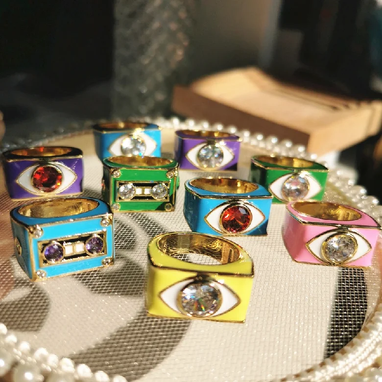 Personalized Y2k Jewelry Women Punk Stack Colorful Enamel Yinyang Cassette Tape Heart Chunky Finger Band Rings Brass Opp Bag