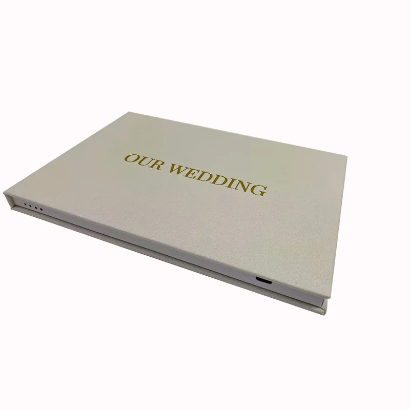 Electronic wedding favors memory book hard cover linen material with golden foil stamping