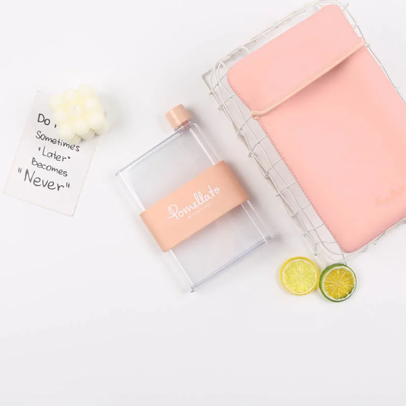 OEM/ODM Custom Creative Cute Pink A5 Notebook Reusable 400ml Drinkware Portable Silicone Water Bottle With Lid