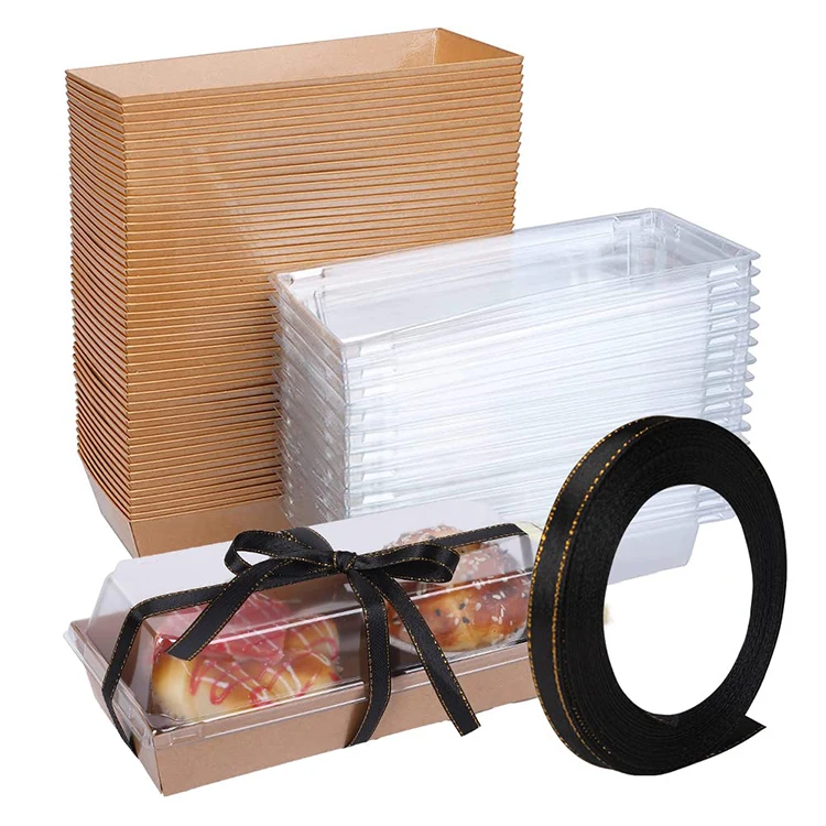 Disposable Swiss Roll Cake Containers Rectangle Sushi Waffle Kraft Paper Sandwich Boxes with Clear Lids