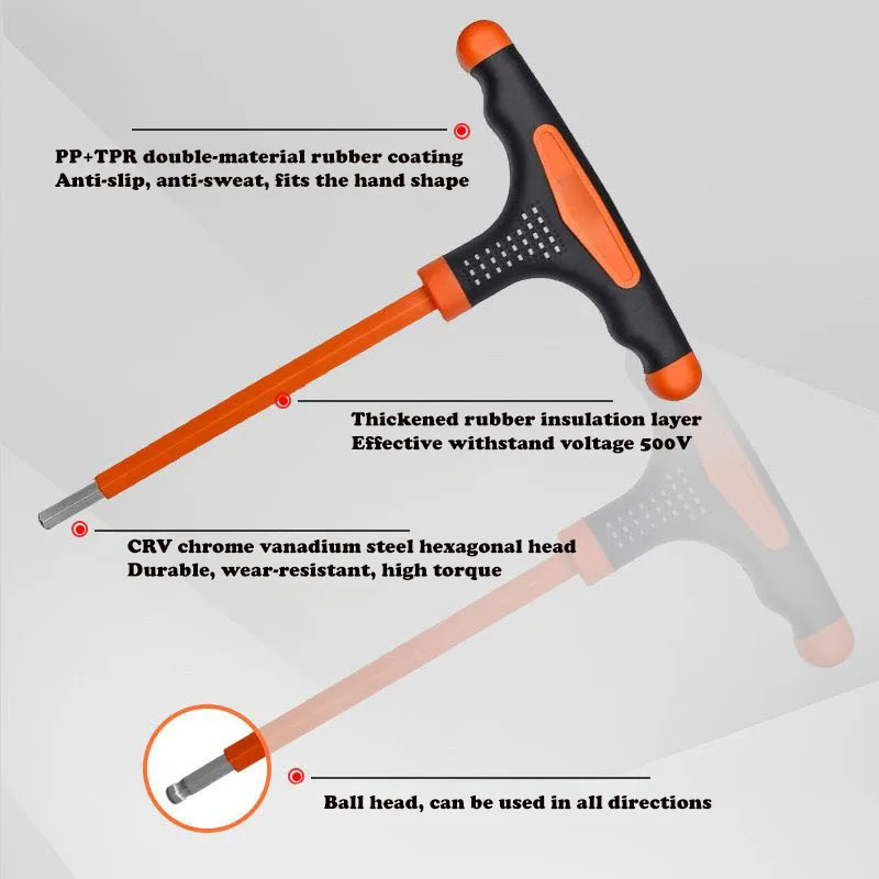 T-type insulated hexagon wrench flat head ball head three-color non-slip handle extension rod electrician hexagon screwdriver