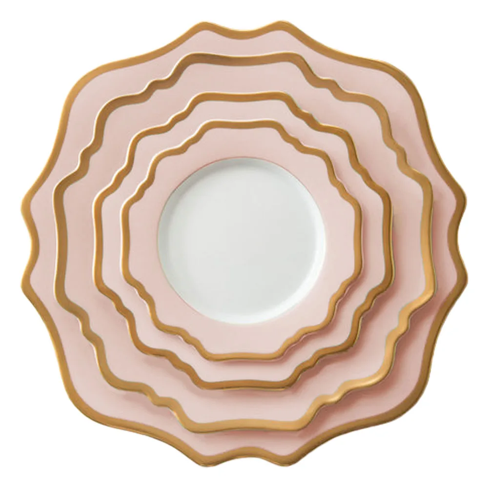 INT Tableware wholesale stock blue flower dinnerware sets luxury restaurant scallop dinner plate with gold rim
