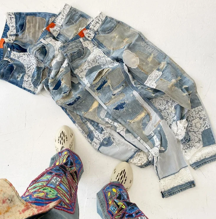 manufacturer fashionable heavyweight vintage faded wash raw hem frayed high quality flared denim jeans men custom stacked jeans