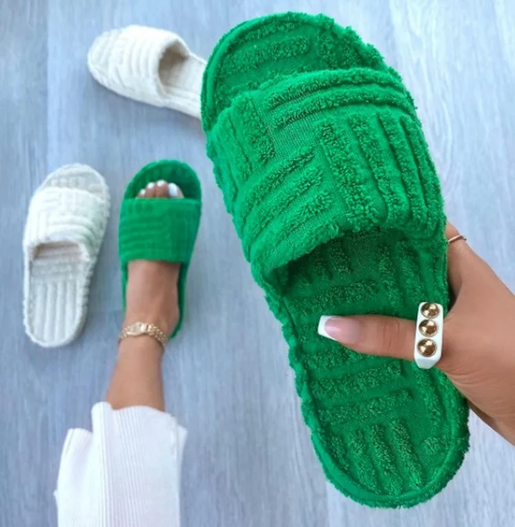 2022  New Arrival Green Terry Towel Platform Slider Sandals for Women Ladies Open Toe Fur Home House Outside Furry Slippers