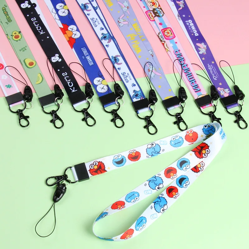 Tocked Cute Cartoon Printed Pendant Wide Flat  Neck Straps Mobile Phone Lanyard With Metal Hook