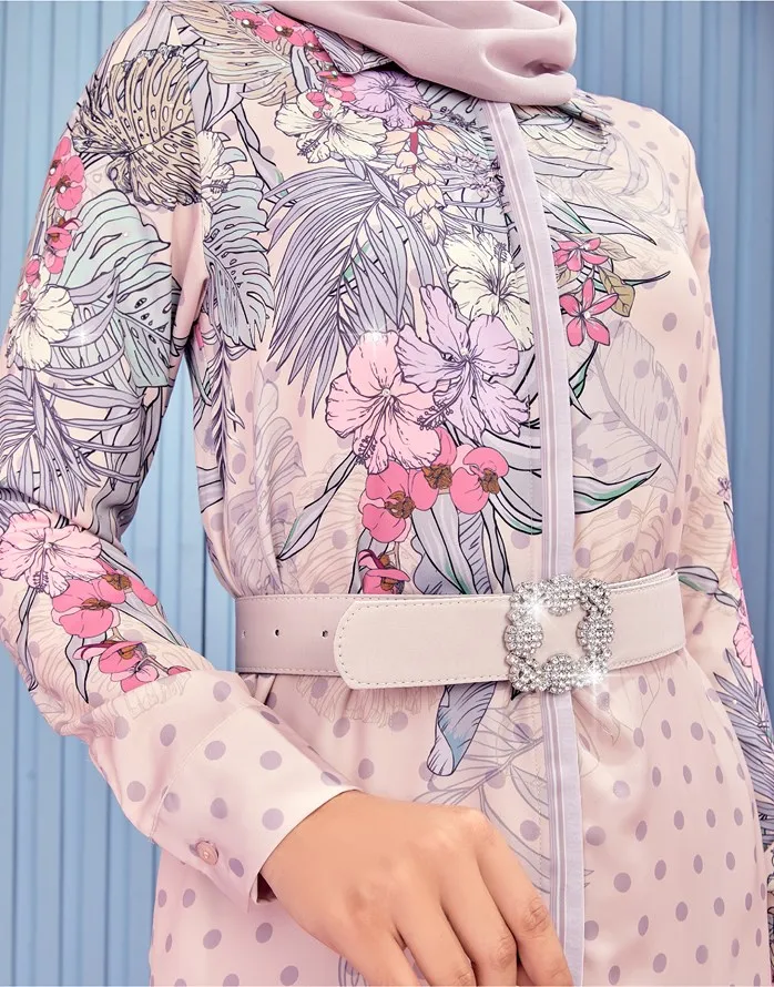 SIPO 2023 Muslim Women Long Modesty Dress Set Satin Silk Floral Print Side Pockets Belt Two Piece Modesty Modest Clothing Set