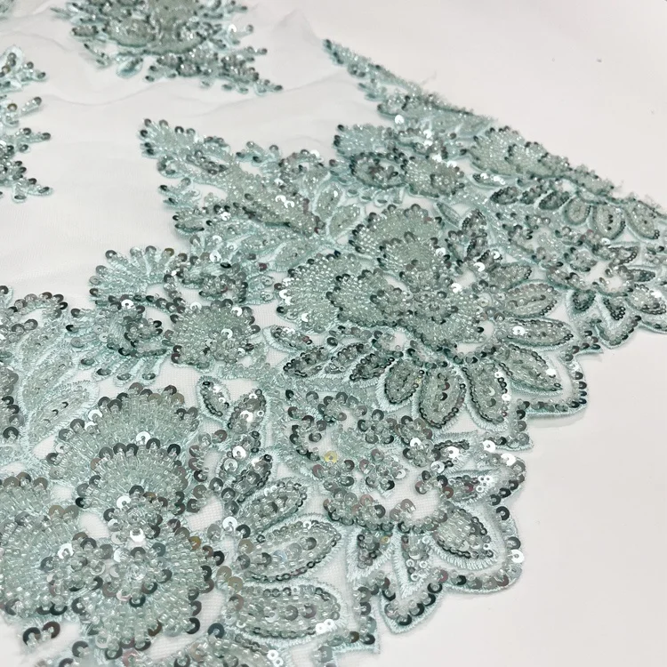 factory wholesale unique  bridal lace fabric beaded luxury heavy beaded border lace fabric for wedding