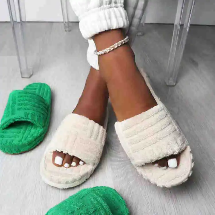 2022 Sandale Femme Fur Slides Platform Green Terry Towel Slippers Fashion Fur Flip Flops Slippers For Women