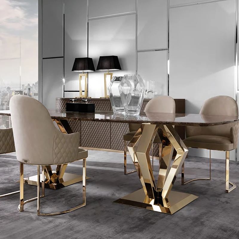 
Dining table modern stainless steel table frame marble top for dining room 