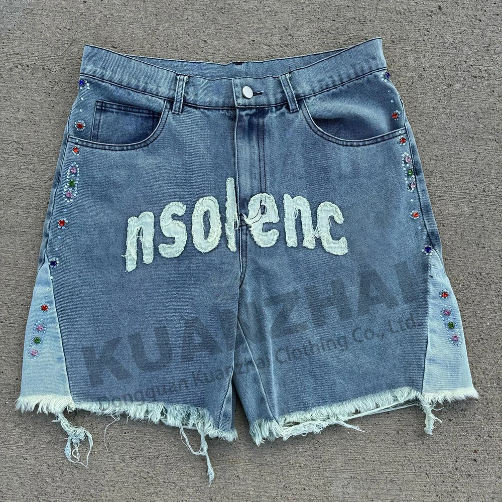 Custom manufacturer streetwear y2k crystal rhinestone baggy distressed man denim jorts embroidery patch flare jeans shorts men