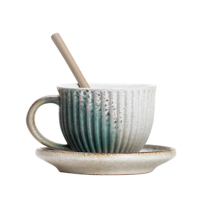 Japanese Retro Handmade Espresso Cup And Saucer Ceramic Set 220ml Striped Coffee Cup With Spoon And Saucer Set