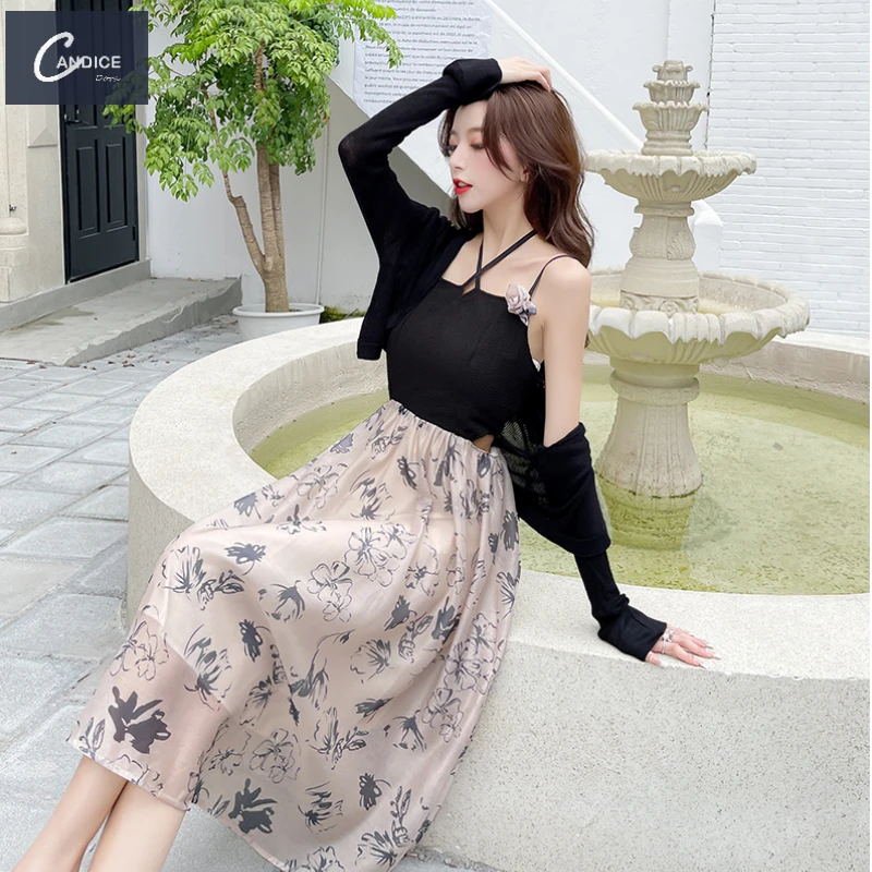 Candice influencer A line print knitted sexy suspender two piece set dress with cardigan