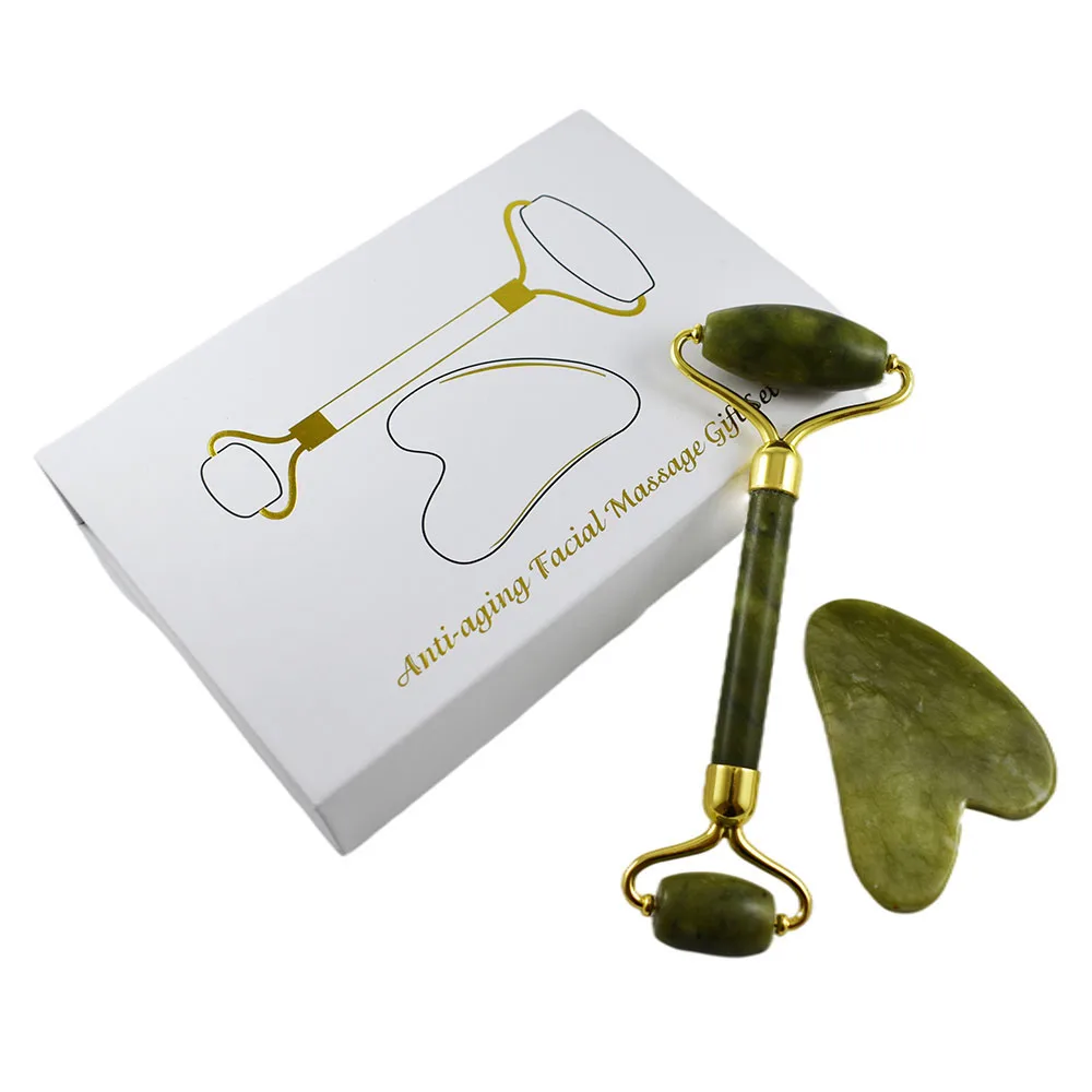 Wholesale Skin massage Body Scrapping Green Jade Roller Gua Sha Set Face Massage Jade Roller