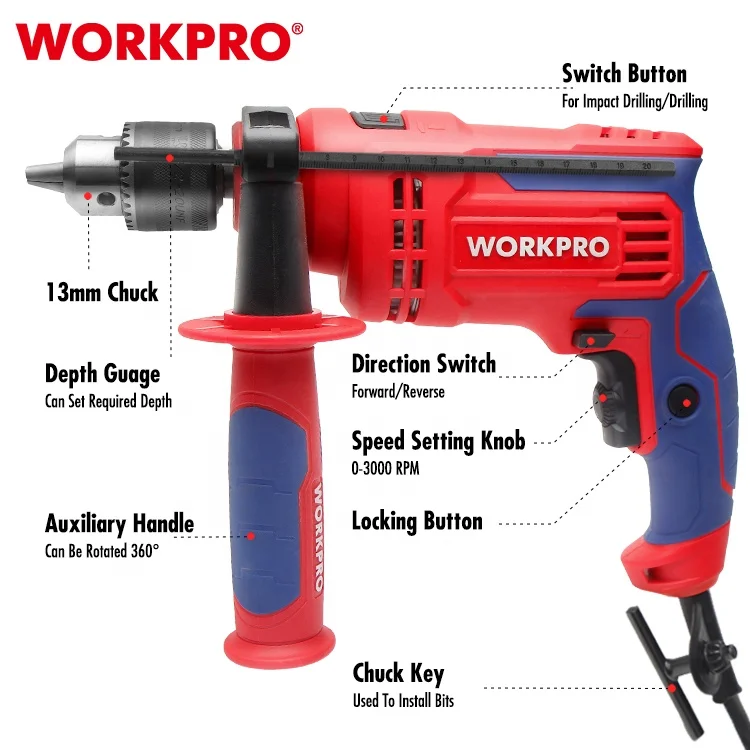WORKPRO 13MM Professional Impact Drill Power Drill Tool Corded Electric Drill