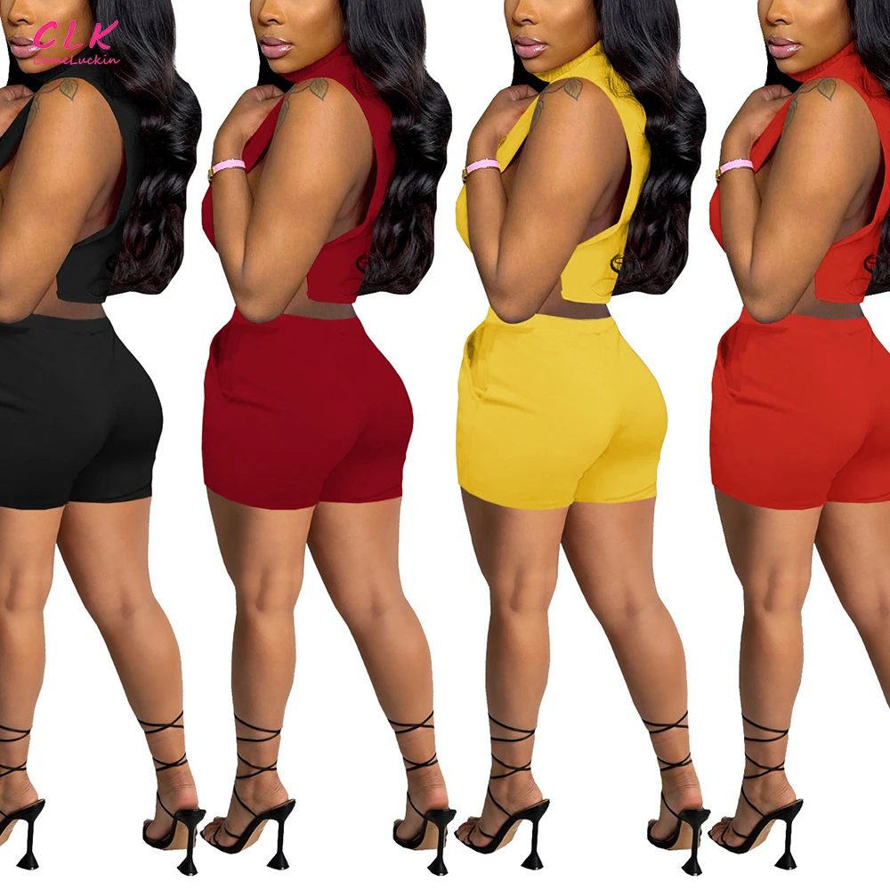 Wholesale Custom Logo Crop Tank Top Short Pants Women Sets 2023 Summer Sexy Side Slit 2 Piece Shorts Club Outfits