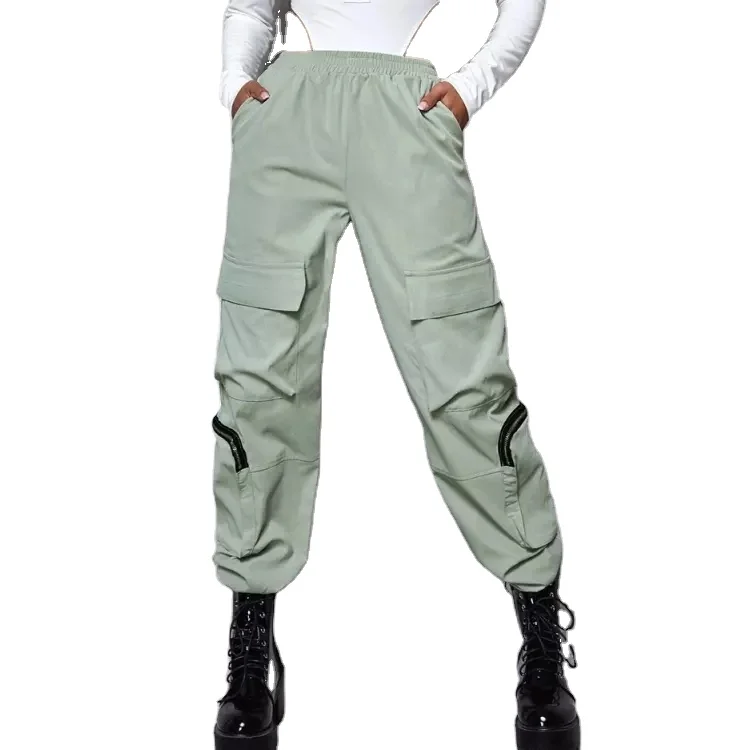 Cool Girl Wear Women Army Green Breasted  Pants With Pockets Straight Leg Overall   streatwear Cargo Pants for women