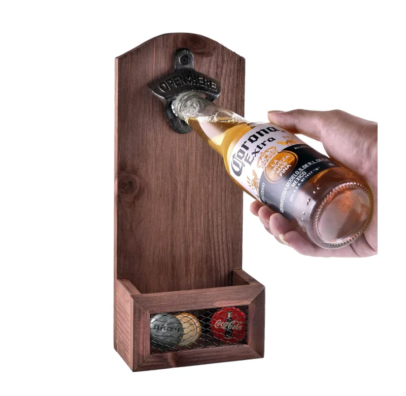 Vintage Wood Wall Mounted Beer Bottle Opener Wooden Bottle Opener with Cap Collector Catcher