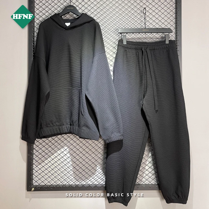 Heavyweight Pullover waffle tracksuit for men blank cotton 2 pieces sweatpants and hoodies set