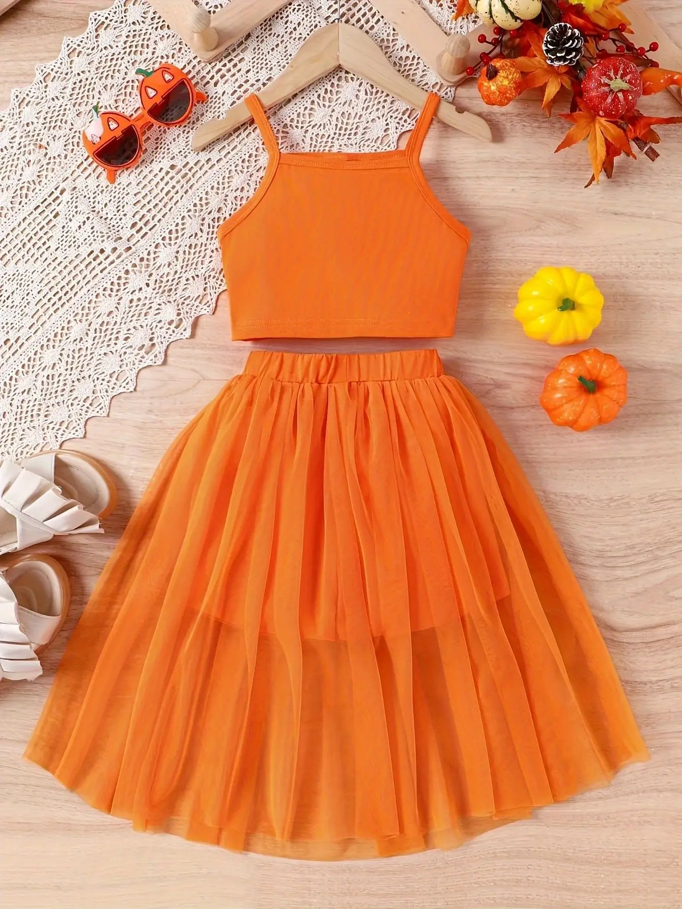 Young Girl Mesh Floral Print Two Pieces Set With Camisole Vest Baby Girls Fashion Dress