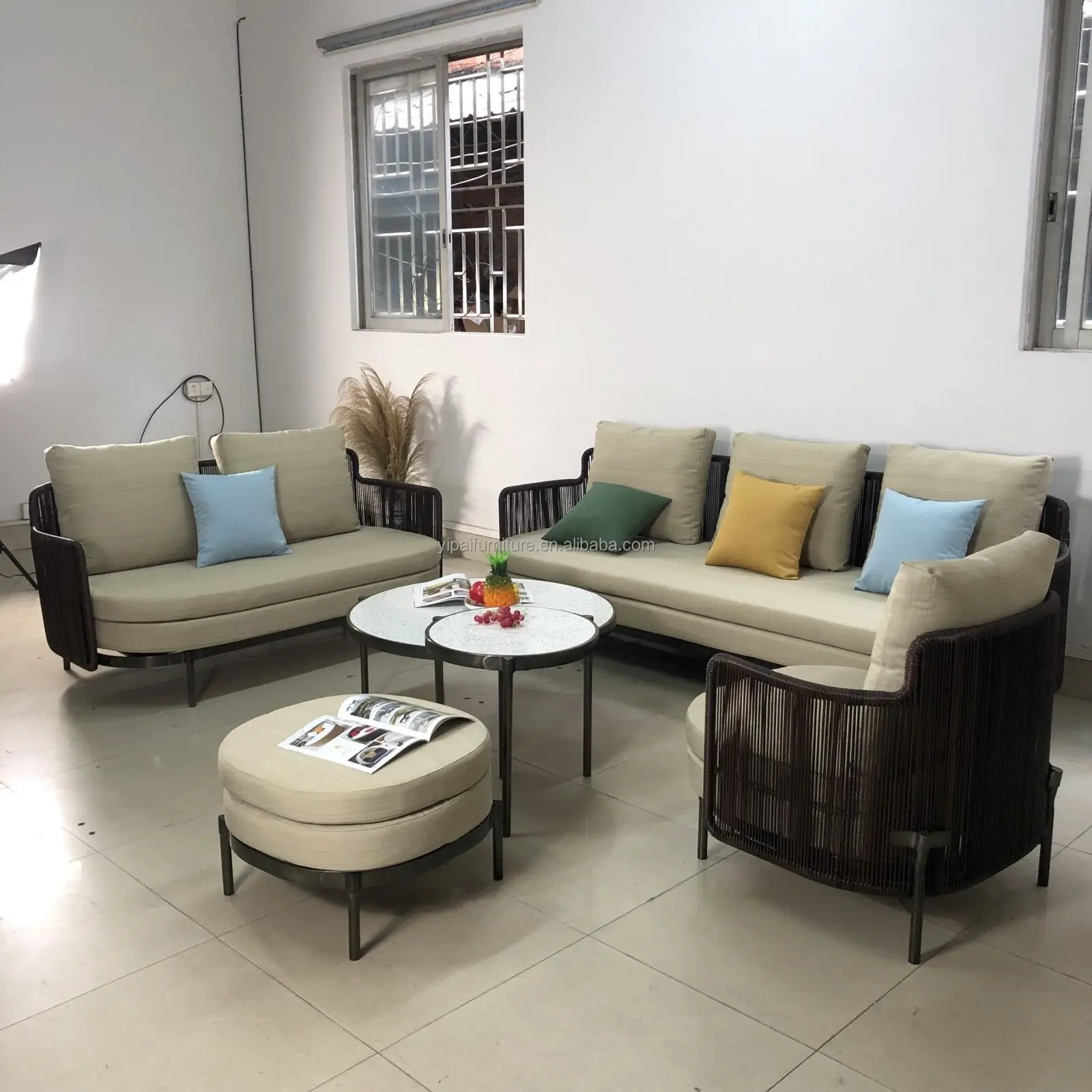 outdoor furniture 5 star hotel metal stainless steel base garden outdoor sofa set Water Proof cushion patio garden sofa set