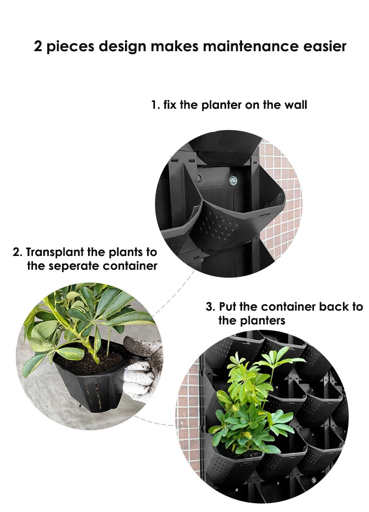 Naturix Cheap Vertical Wall Garden Pot Plant Planter Flower Pot Plastic Wall Mounted Vertical Planter Black Minimalist