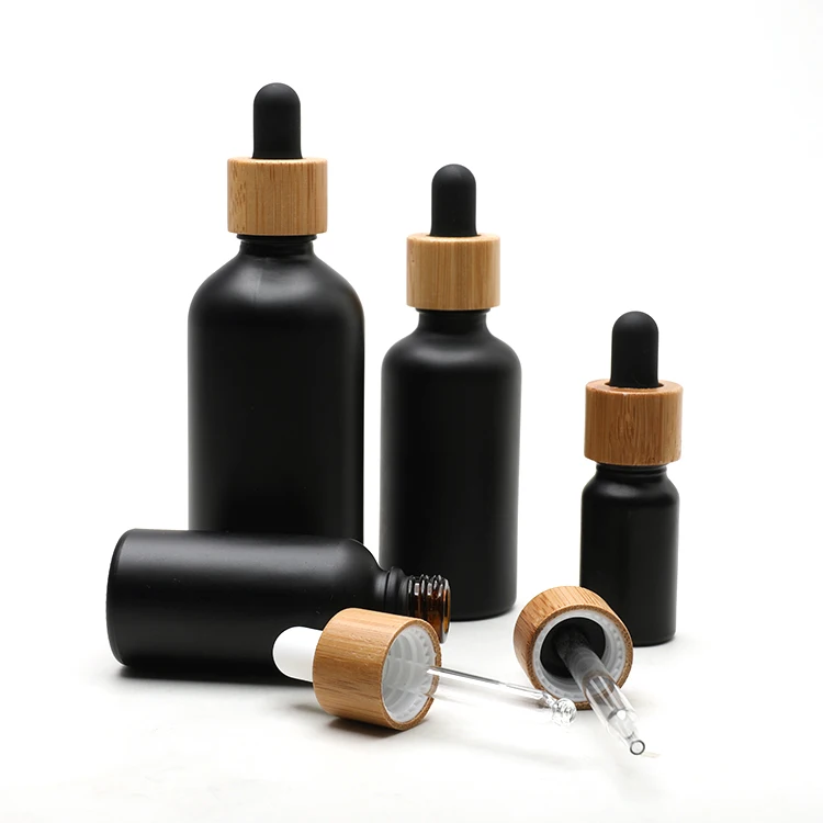 Матовая черная пустая квадратная стеклянная пипетка, бутылочки для сыворотки, 30 мл, косметический бамбуковый диспенсер эфирного масла, стеклянные бутылочки с пипеткой