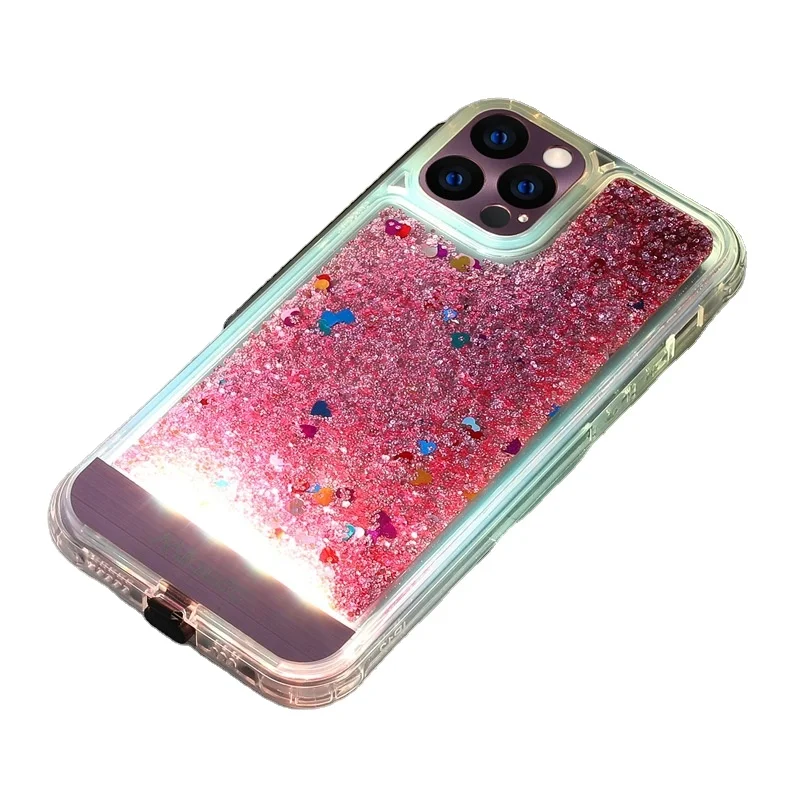 New Coming All-inclusive Anti-drop TPU PC Neon Quicksand Phone Necklace Case Light Up Mobile Phone Cases