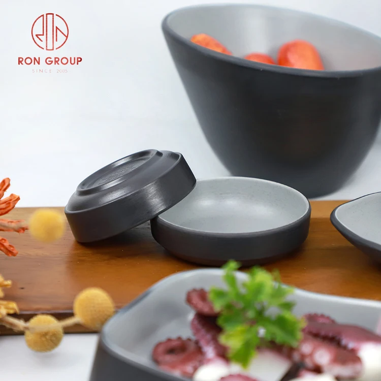 High Quality Custom Commercial Hotel Banquet Black and Grey Restaurant Bowls Dinnerware Sets Tableware Melamine Plates