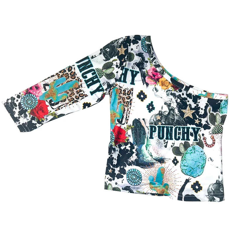 Autumn Cowgirl Print Baby Blouse Kids Infant One Shoulder Long Sleeve Shirts Western Crop Tops for Girl Children