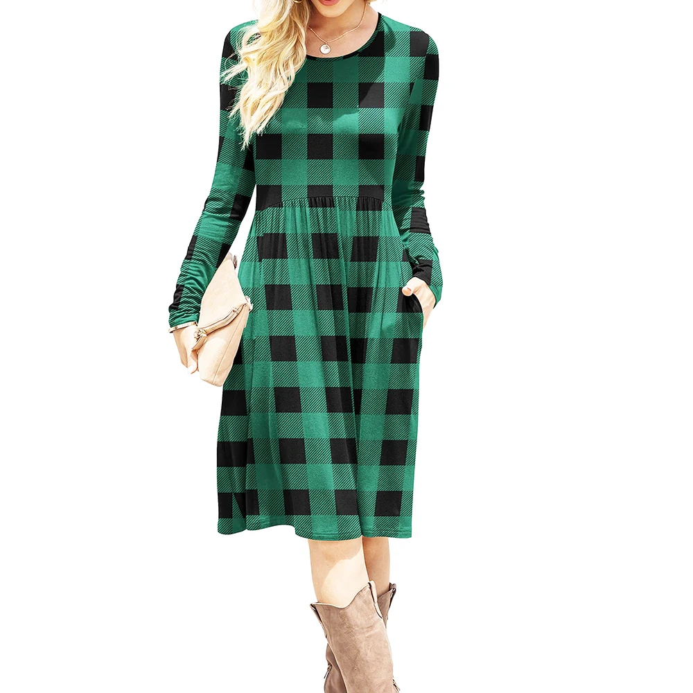 Женское Повседневное платье в клетку, с длинным рукавом, карманами и высокой талией