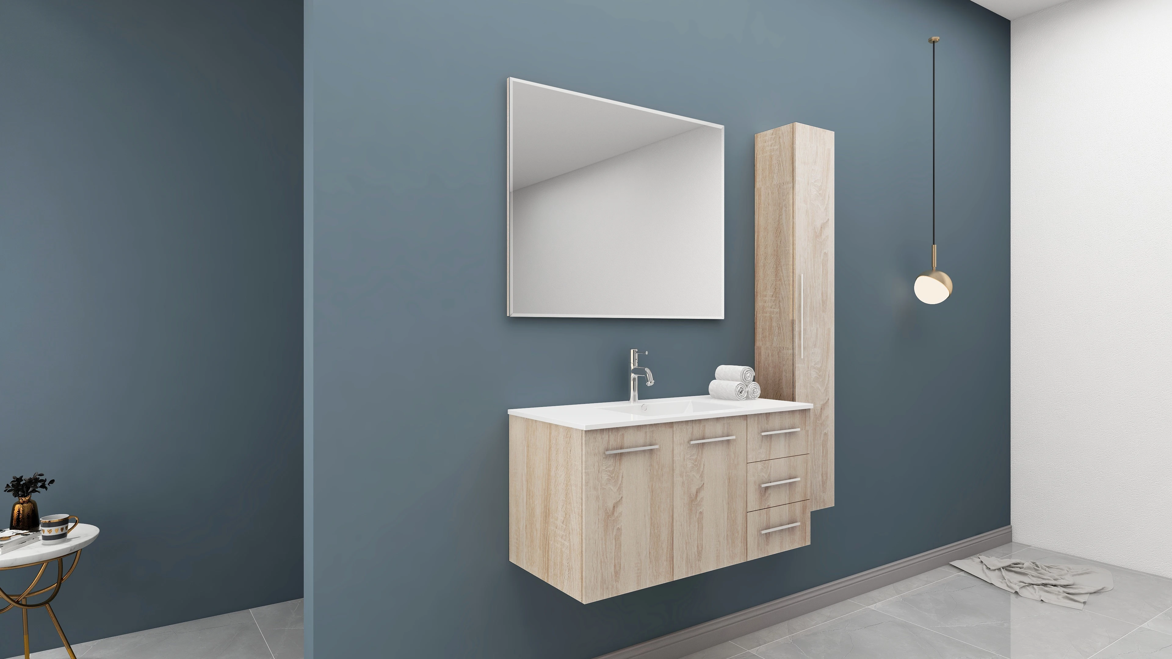 
Modern furniture wall mounted 100cm single sink bathroom furniture set with side cabinet 