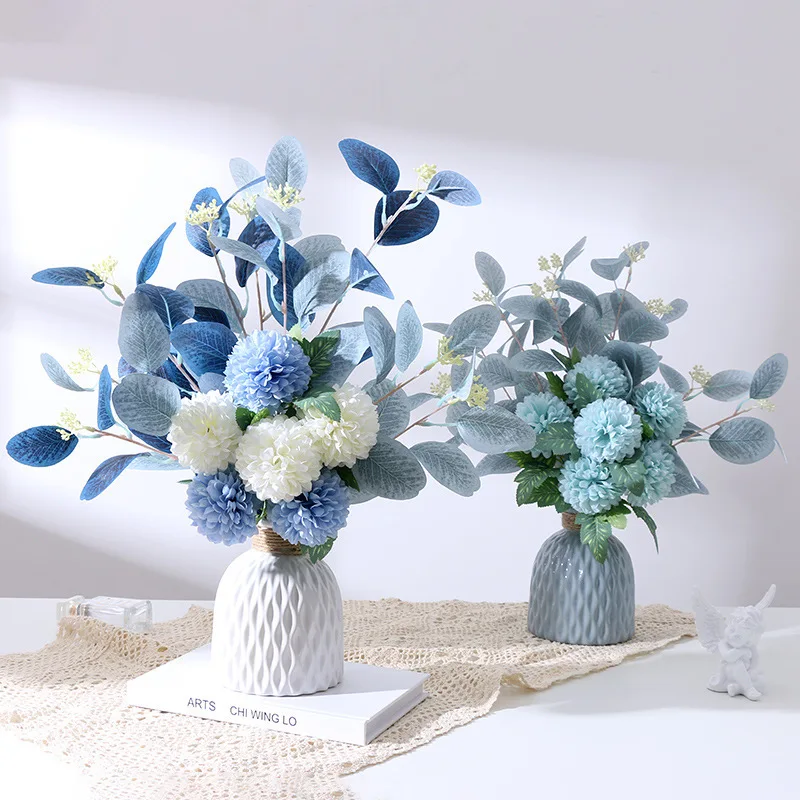 bouquet of artificial eucalyptus leaves and chrysanthemums wedding decoration of silk flowers that never fade