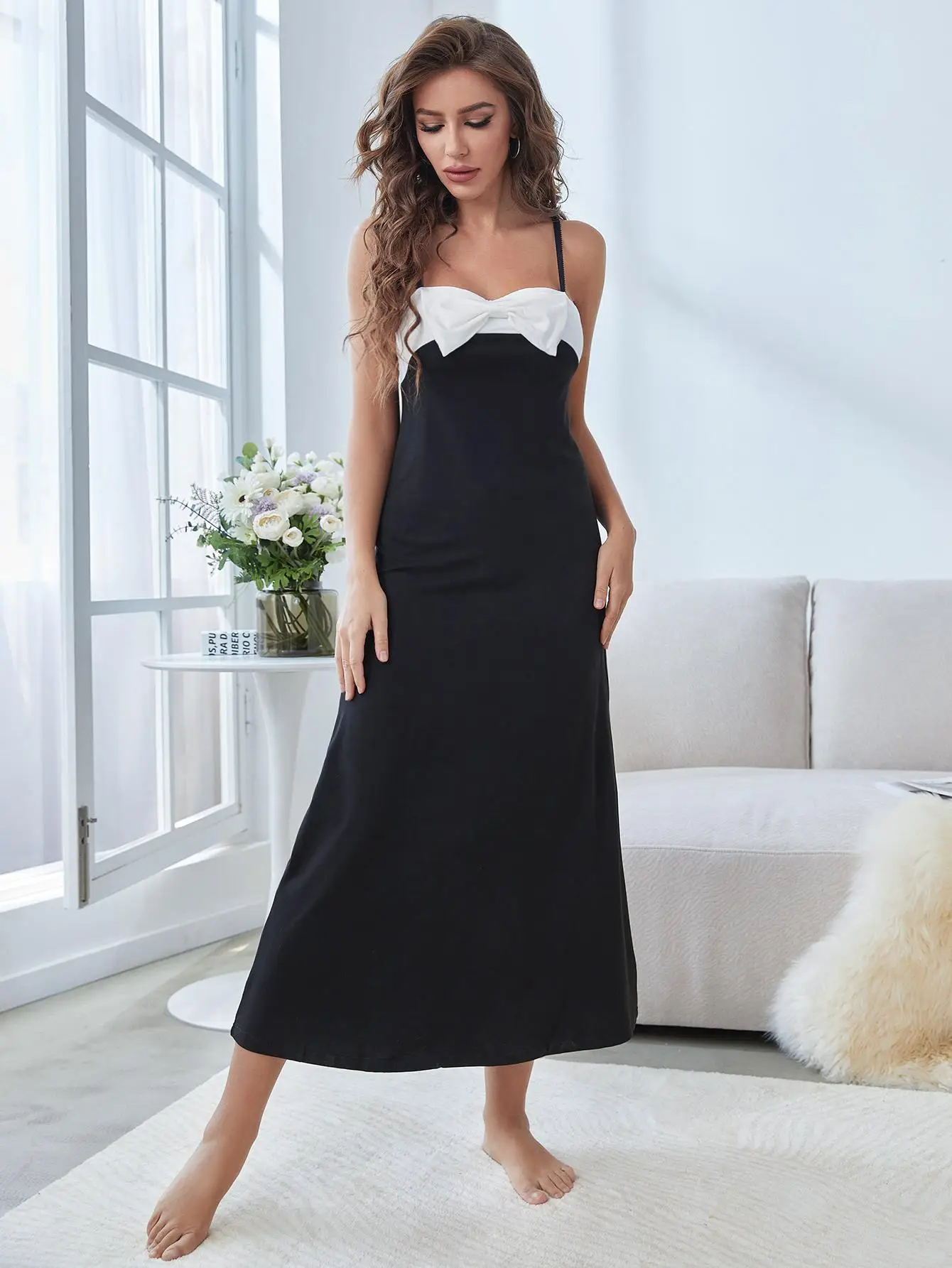 Design Summer Sleeveless Bow Cami Long Nightgown Sleep Dress Pajamas Luxury Cotton Sleepwear for Women