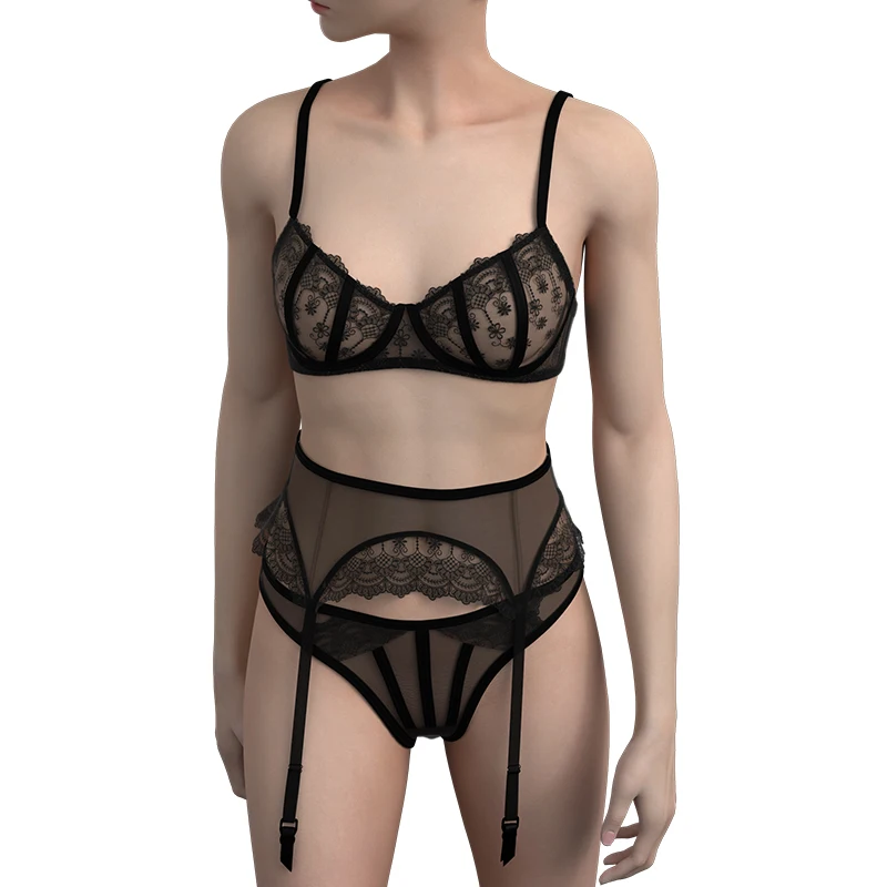 Wholesale Hot Sexy Embroidery Transparent Mesh Women Lace Bra and Panty Set