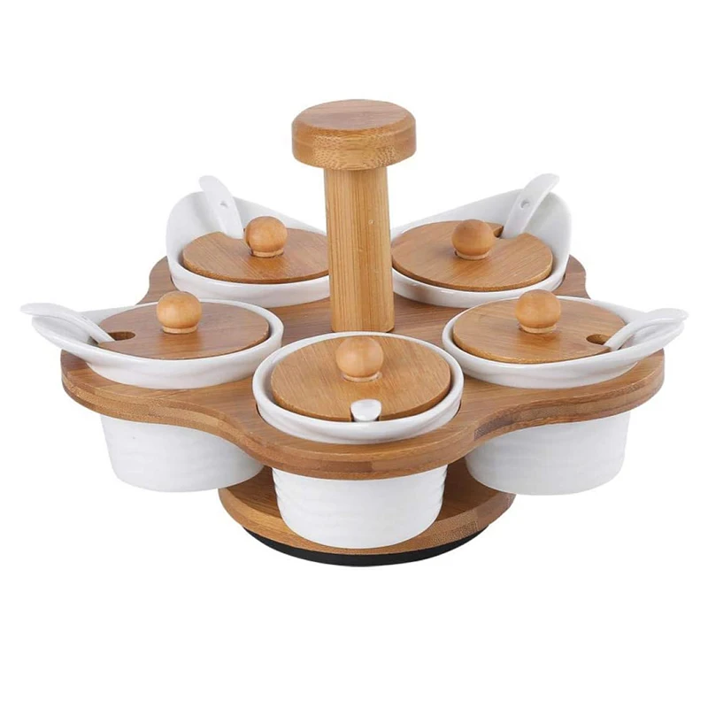 White Ceramic Condiment Pots Set with Bamboo Lid&Rack Stand.Ceramic Sugar Bowls&Spice Jars Set for Kitchen.
