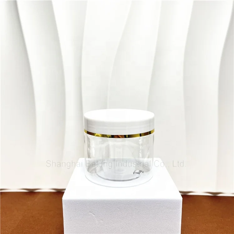 IBELONG 50ml 100ml 4 OZ 150ml 8oz 250ml 500ml Empty Clear PET Plastic Jars for Food Packaging with White Lid with Gold Rim