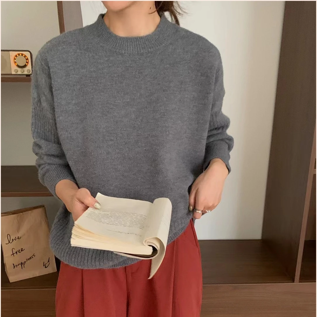 2024 Spring women high quality crew neck morandi color  long sleeve oversize cable knit pullover sweater jumper
