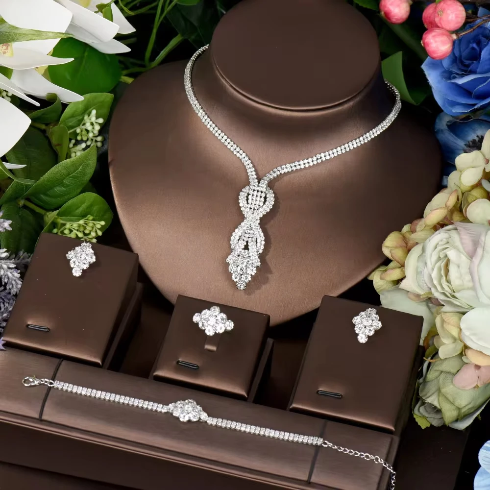 HIBRIDE Luxurious White Cubic Zirconia Big Flower Layered Necklace Earring Wedding Party Costume Jewelry Sets For Brides N-572