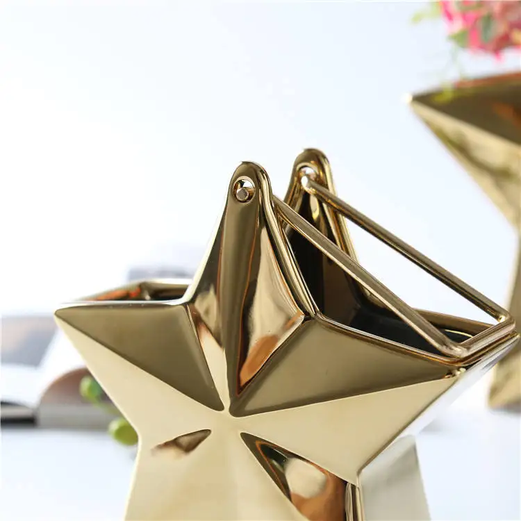Luxury Wedding Christmas Ramadan Festival Eid Decor Gold Star Shape Flower Vase With Gold Metal Hanging Rope