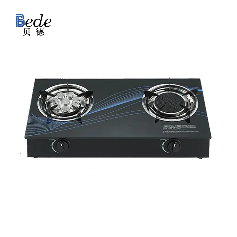 China Professional Stainless Steel Panel Gas Stove 2 Burner Electric Power Source for Household Hotel Use Glass Ceramic Surface