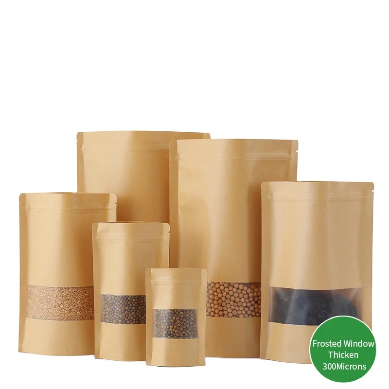 Горячая Распродажа, пищевая упаковка, Коричневый пакет из крафт-бумаги с окошком, перерабатываемый пищевой пакет из крафт-бумаги, стоячие мешочки из крафт-бумаги